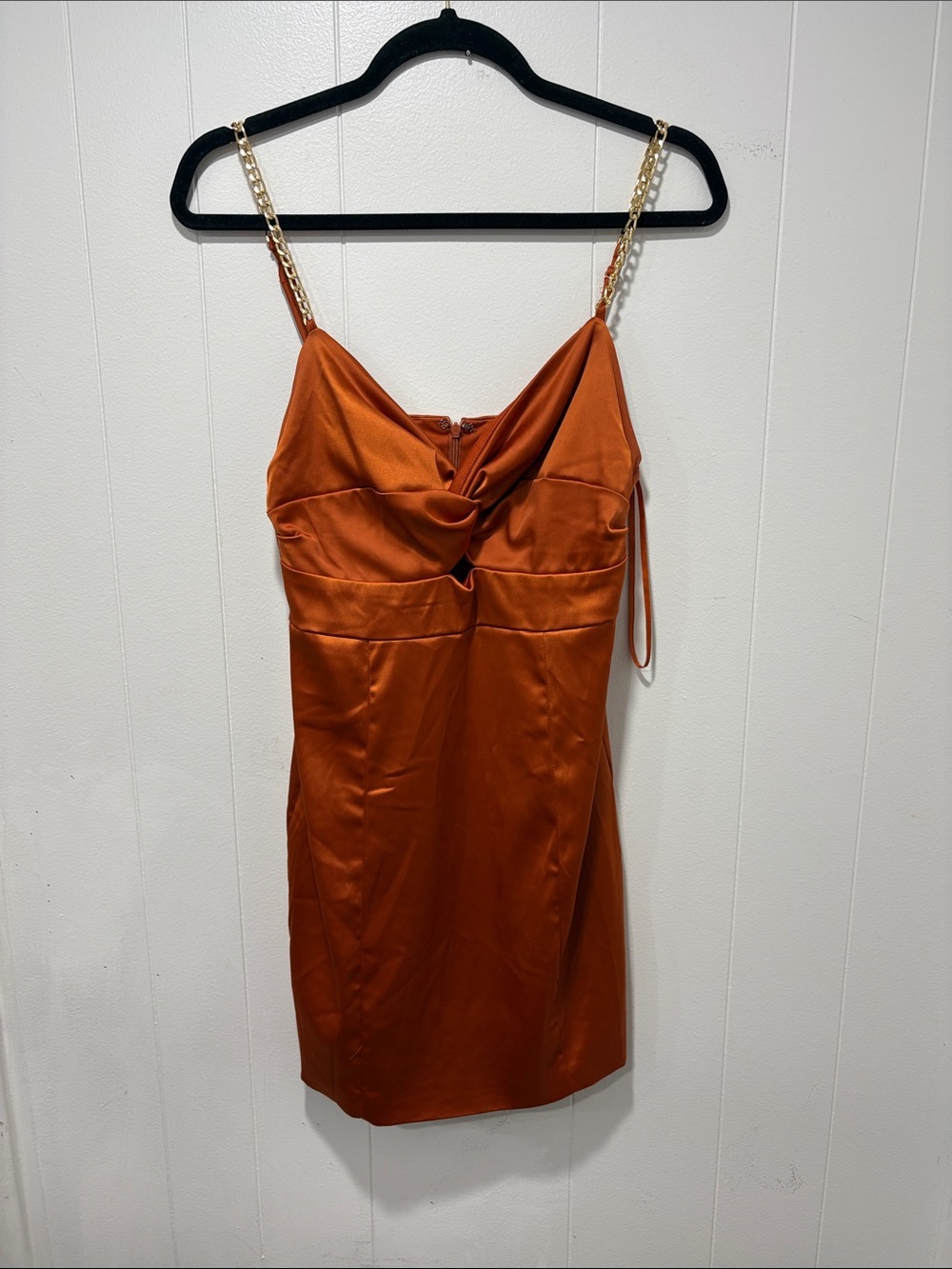 DO+BE Rust Satin Mini Dress with Gold Chain Straps